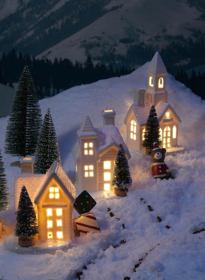 DN DECONATION Light up Christmas Decor Ceramic Village Houses, 3Pcs White Christmas Porcelain Villages with Frosted Trees, Holiday House Figurines Xmas Village Sets for Winter Table Decoration Indoor - Image 2